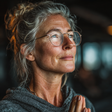 Літня жінка практикує йогу на природі